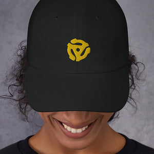 Embroidered Baseball hat or cap with the symbol of a yellow 45 record adaptor 